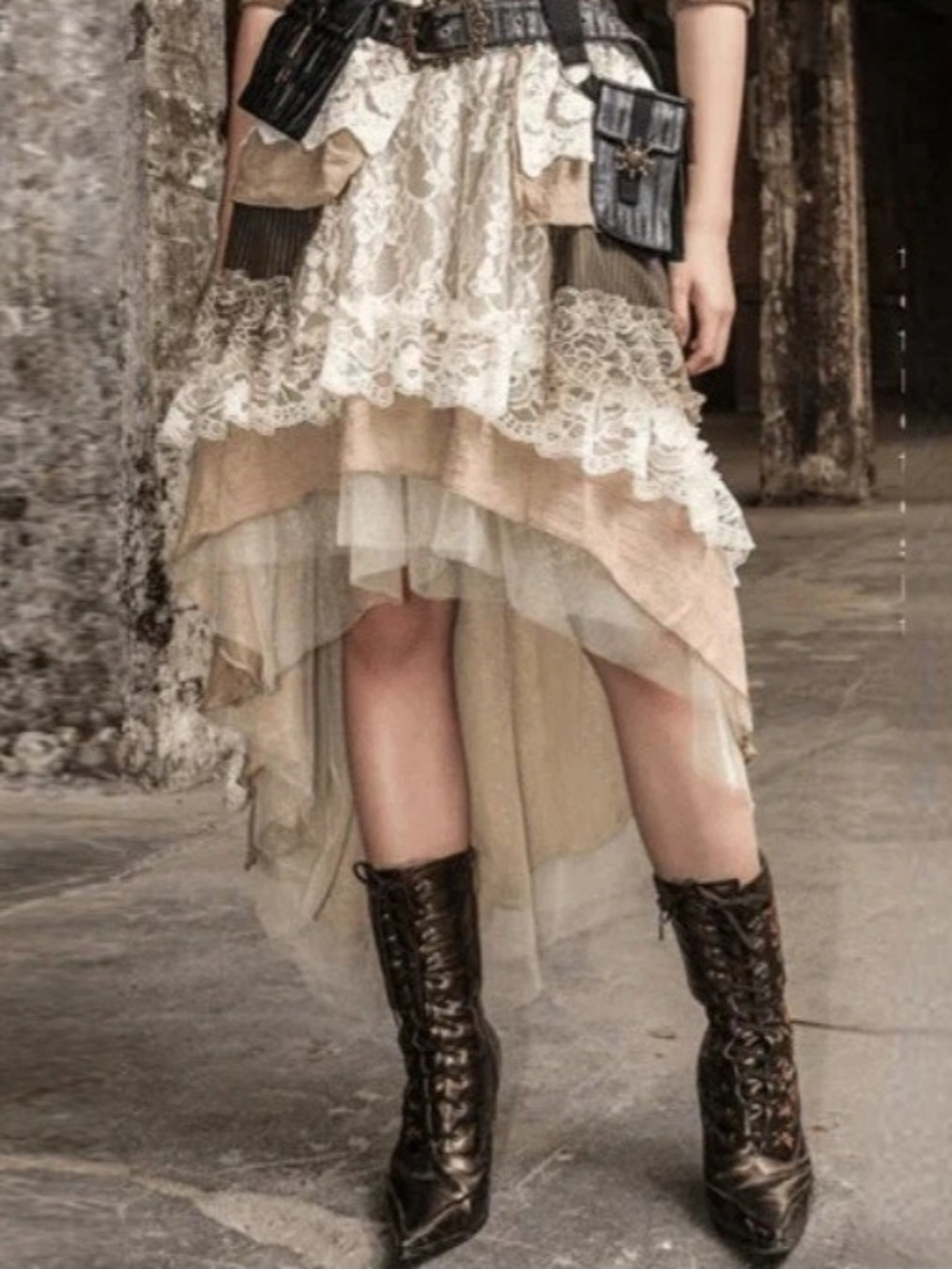 Vintage-Inspired Lace Tiered High-Low Skirt in Beige and Cream